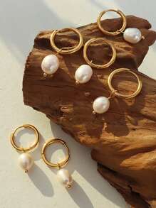 MiDuoDuo 2pcs Fashionable U-Shaped Earrings With Faux Pearl Decor, Minimalist Luxury Earrings For Women