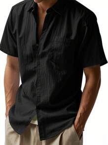 Hawaiian Style Linen Loose Casual Henley Collar Short Sleeve Shirt