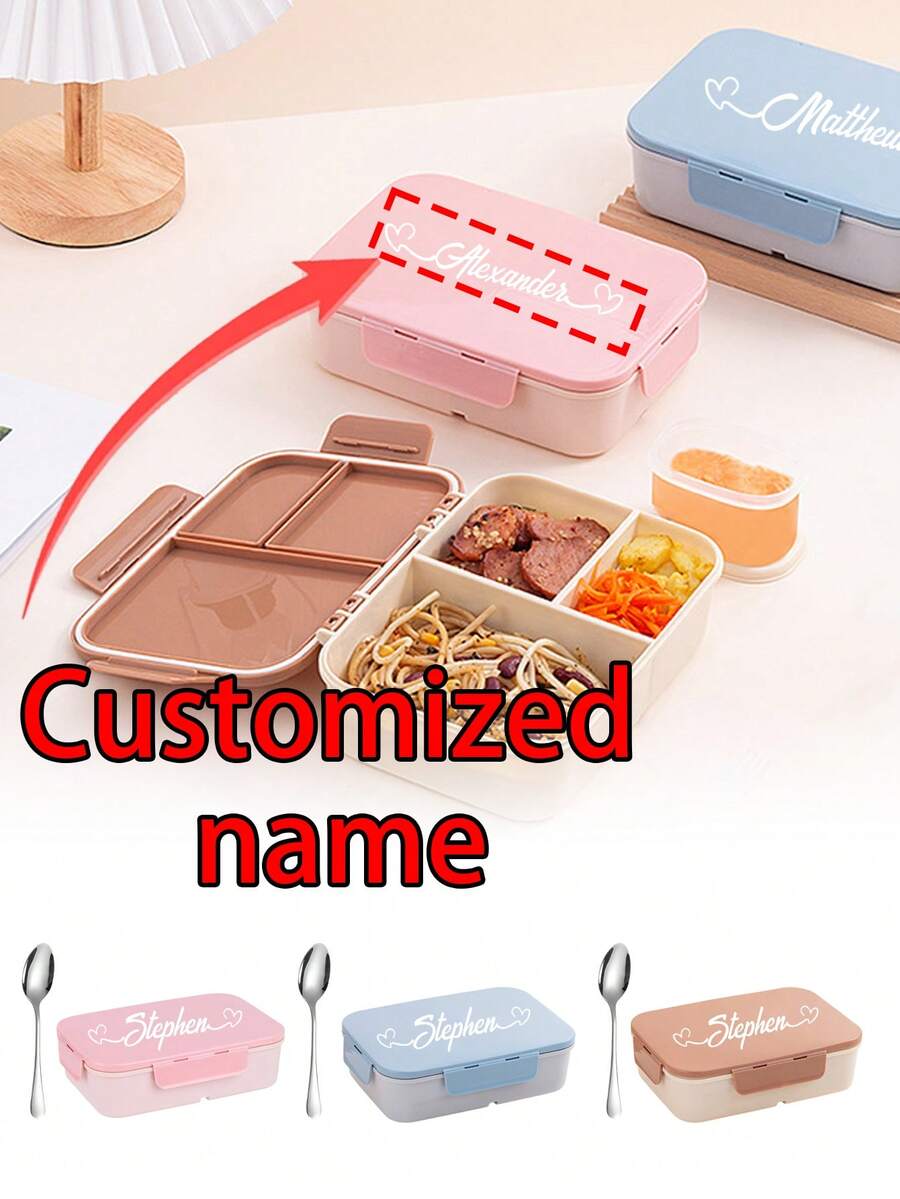 1 pieza Lonchera con tapa abatible personalizada con 1 cuchara de acero inoxidable, lonchera con compartimentos de plástico, lonchera para estudiantes, capacidad de 1200ml, apta para microondas y refrigeración, diseño de hebilla de tres lados, con anillo de sellado de silicona incorporado, a prueba de fugas, adecuada para trabajadores de oficina, estudiantes, maestros, campamentos, salidas. El mejor regalo para amantes, amigos, familiares, maestros, un imprescindible para la temporada de regreso a clases