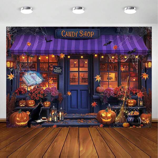 1 pièce de décor de fond de photographie de boutique de bonbons d'Halloween, décor de toile de fond de sorcière magique, en fibre de polyester avec des trous à tous les coins, livrée avec un ruban pour une suspension facile, 100 x 150 cm / 125 x 180 cm / 150 x 210 cm / 180 x 240 cm, convient pour la décoration de fête de citrouille et de feuille d'érable d'Halloween en intérieur et extérieur, support horizontal pour photomaton