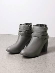 Chunky High Heel Ankle Boots Close Toe Fall Heeled Booties Shoes - Xám - Xem 6