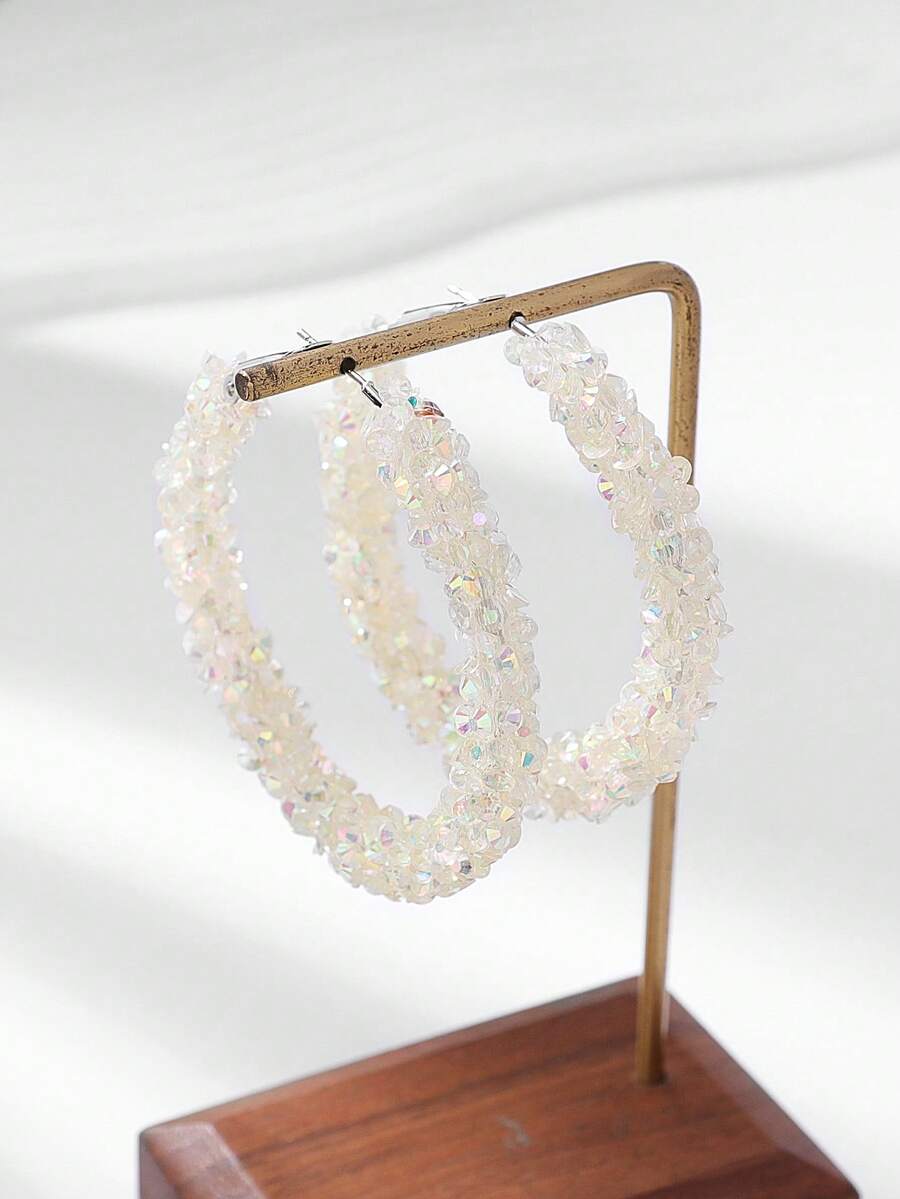 1 对大号全水晶环状耳环，时尚女士圆形耳环 - 白色 - 查看 1