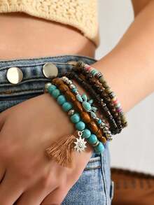 42 Pcs Mixed Vintage Style Multilayer Synthetic Turquoise & Wooden Beaded Bracelet Set With Butterfly/Heart/Hat Charms - Handmade Friendship Bracelet For Men Women - 棕綠色 - 查看 9