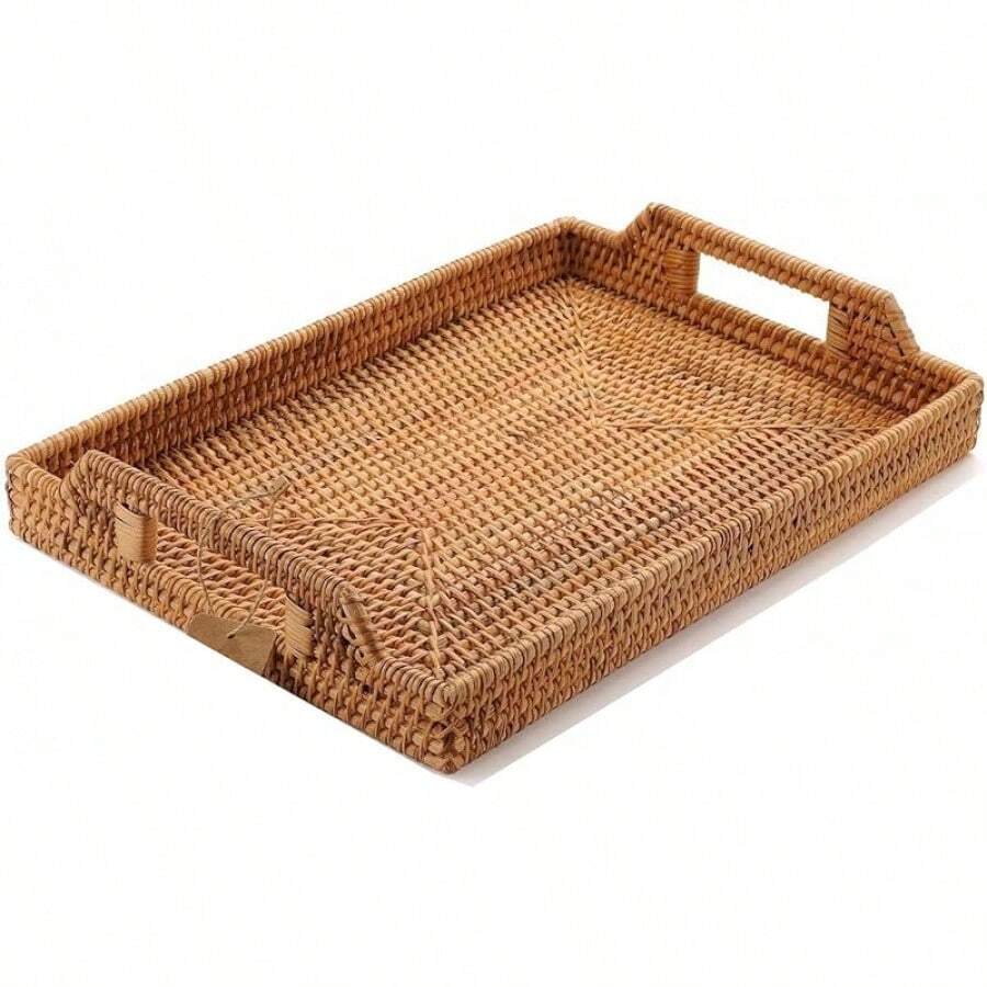 Hand-Woven Rattan Serving Tray With Handles For Breakfast, Drinks, Snack For Dining/Coffee Table (17 Inch (43 Cm), Rectangular) - 43 X 29 X 4.5 cm - View 1