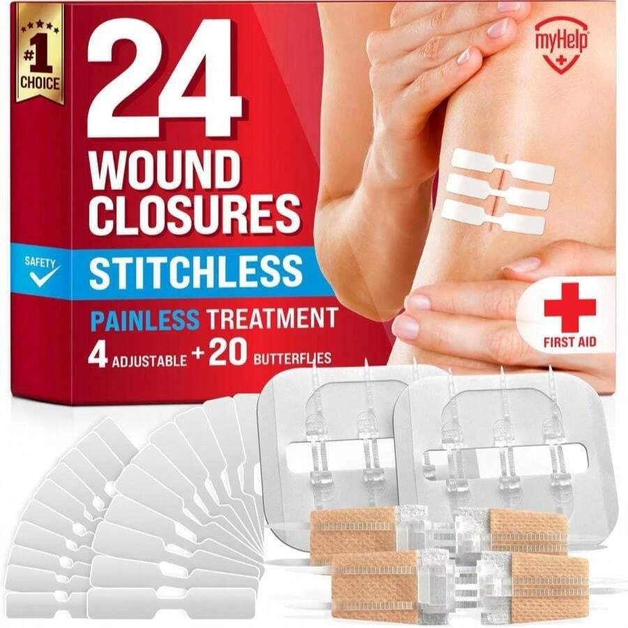 Emergency Wound Closure Strips - 24pk - 3 Types Easy To Use Butterfly Bandages - Stitchless &Amp; Painless Laceration Closure Kit - Mix Pack - View 1