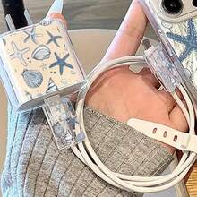 Set de 4 piezas Funda protectora compatible con cargador Apple 18-20W con elementos de océano azul como estrella de mar, coral y caballito de mar - transparente - Ver 3