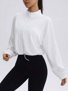 Women's Drawstring Hem Sports Jacket, Casual Short Zip-Up Running Fitness Yoga Outerwear
