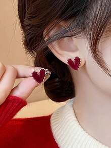 1 par de pendientes asimétricos elegantes y vintage con diseño de corazón de flocado, simples y adecuados como regalo para fiestas, otoño/invierno - Rojo - Ver 3