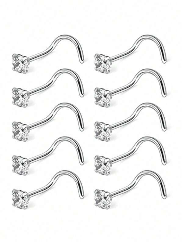 Juego de 10 piezas de anillos para la nariz, pendientes y broches para la nariz de acero inoxidable con rhinestones, adecuados para uso diario tanto para hombres como para mujeres