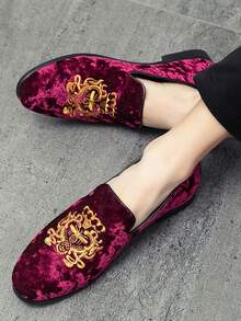 男士红色乐福鞋刺绣复古牛津一脚蹬平底正装鞋、驾车鞋、婚鞋 - 紅色 - 查看 6