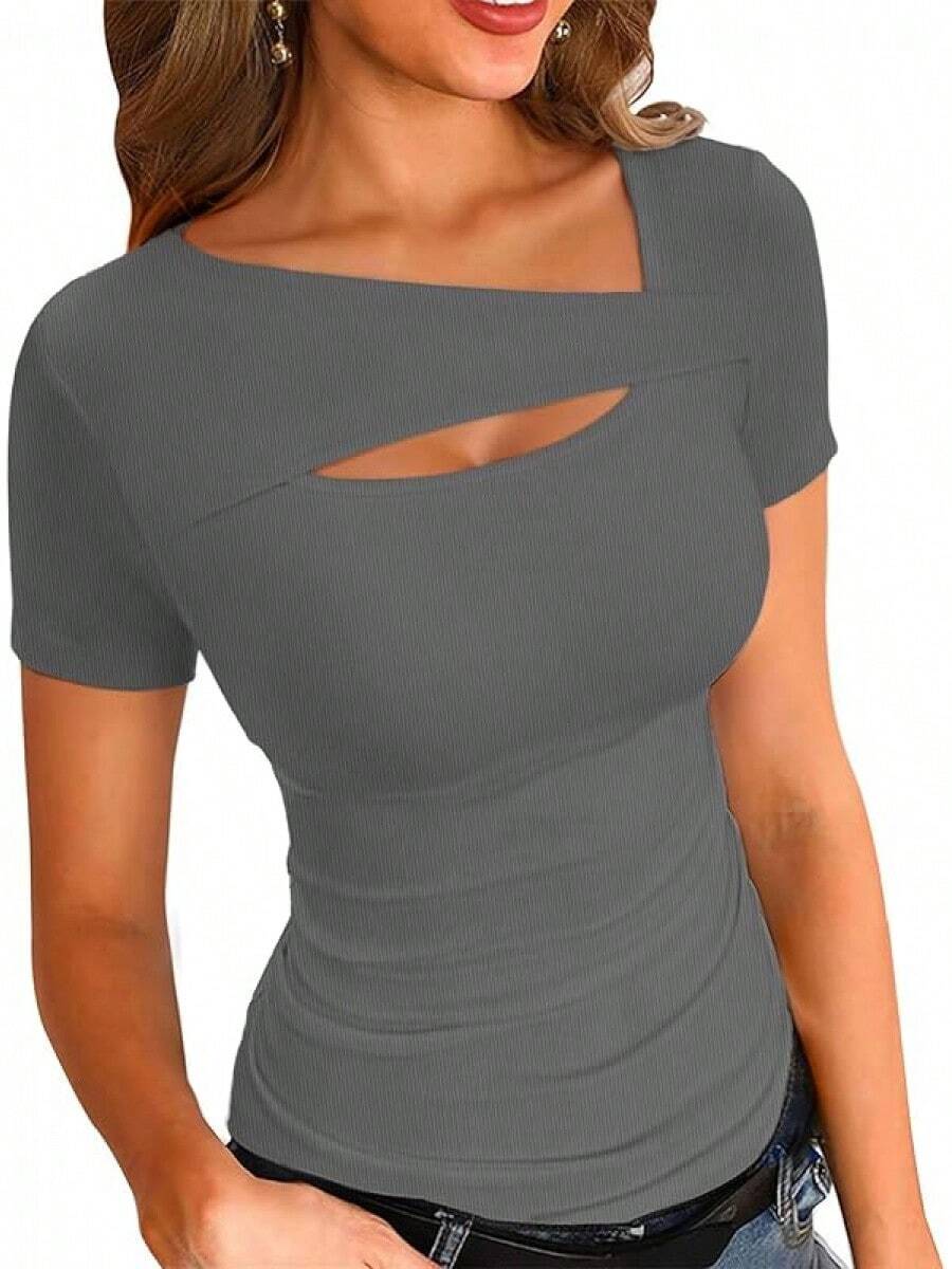 Womens Fashion Fall Cutout Long Sleeve Ribbed Slim Fitted Tops Shirts Tee Tshirts - Short-dark Grey - View 1