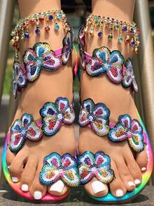 Sandalias planas con diseño floral y anilla para el dedo del pie, con bordado de mariposas arcoíris y lentejuelas en contraste, estilo europeo y americano, ideales para San Valentín, informales, para playa y viajes, con brillantes y brillantes. - flores impresas - Ver 8