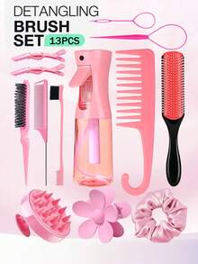 2013年1月5日 男女通用美发梳套装，包含：顺发梳、侧梳、后梳、带喷雾瓶的卷发梳、直发梳、头皮按摩梳、宽齿梳、发夹和造型梳套装 - 适合所有发质，满足旅行需求，返校季必备，旅行必备，女士美发配件，梳子，木质梳子，迷你梳子，顺发梳，卷发梳，美发工具，旅行必备，发型，护发，美发梳 - 彩色 - 查看 4