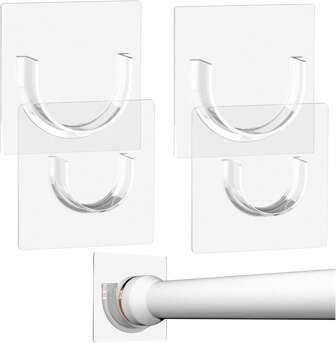 Shower Rod Holder With Strong Adhesive, 4 Pack Shower Curtain Rod Holder Wall, Tension Curtain Rod Bracket No Drilling (Rod Not Included)