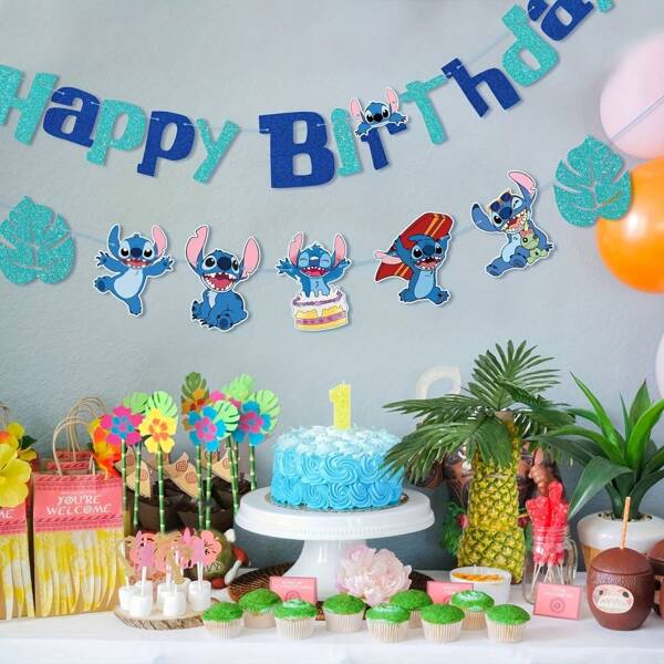Disney Willekeurig 1 stuk zetmeel-thema verjaardagsfeestdecoratie met vlaggensteekthema Happy Birthday Horizonta