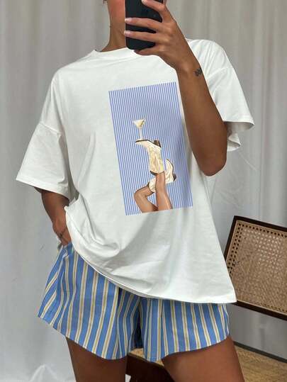 女式夏季时尚牛仔靴图案印花圆领短袖简约休闲日常白色大码T恤上衣