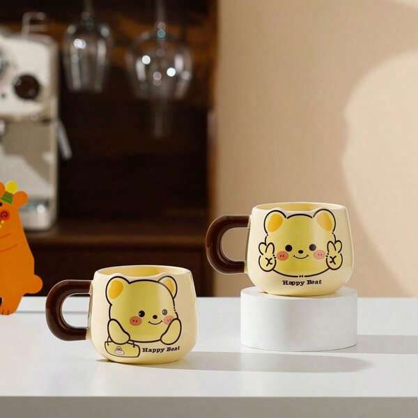 1pc Cream-Color Cute Cartoon Bear Ceramic Coffee Mug, High-Quality Design