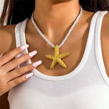 Beach Jewelry Summer Seaside Vacation Starfish Natural Conch Earrings Necklace Set - Dây chuyền sao biển (vàng) - Xem 1
