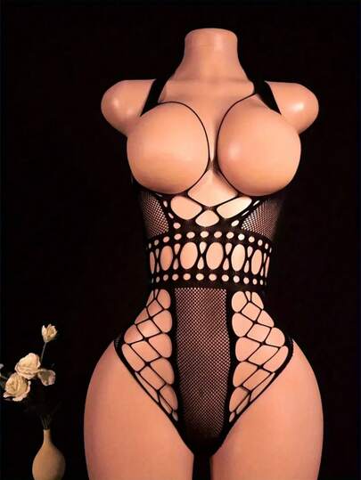Bộ đồ lót liền thân gợi cảm, tất cao đến đùi, độ đàn hồi cao, phù hợp với người từ 88,18-187,39LB, kiểu hở ngực màu đen khoét rỗng.
