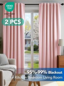 2 Pcs Blackout Curtains – Simple Strap Style, Thick Blackout Fabric, Suitable For Sunshade And Heat Insulation In Multiple Scenes - Coral Pink - View 1