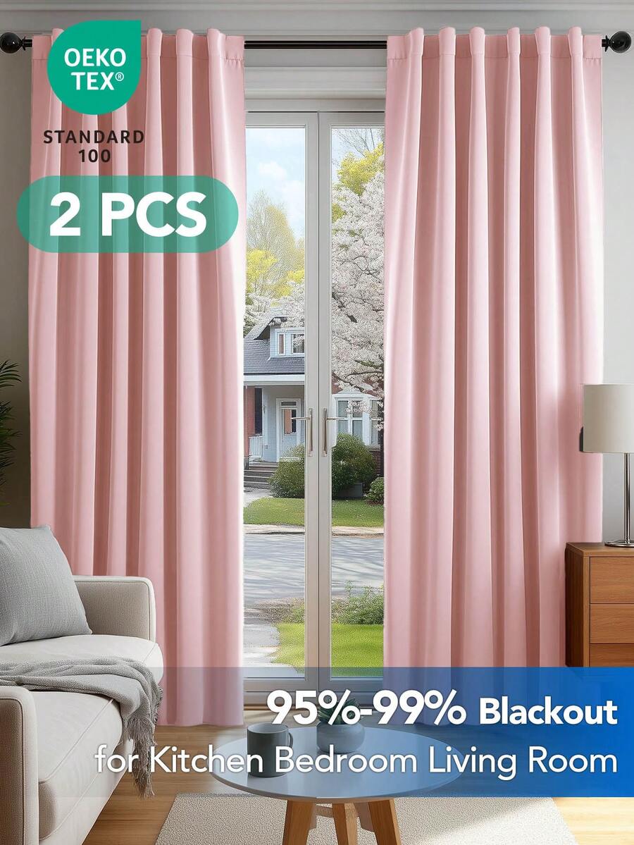 2 Pcs Blackout Curtains – Simple Strap Style, Thick Blackout Fabric, Suitable For Sunshade And Heat Insulation In Multiple Scenes - Coral Pink - View 1