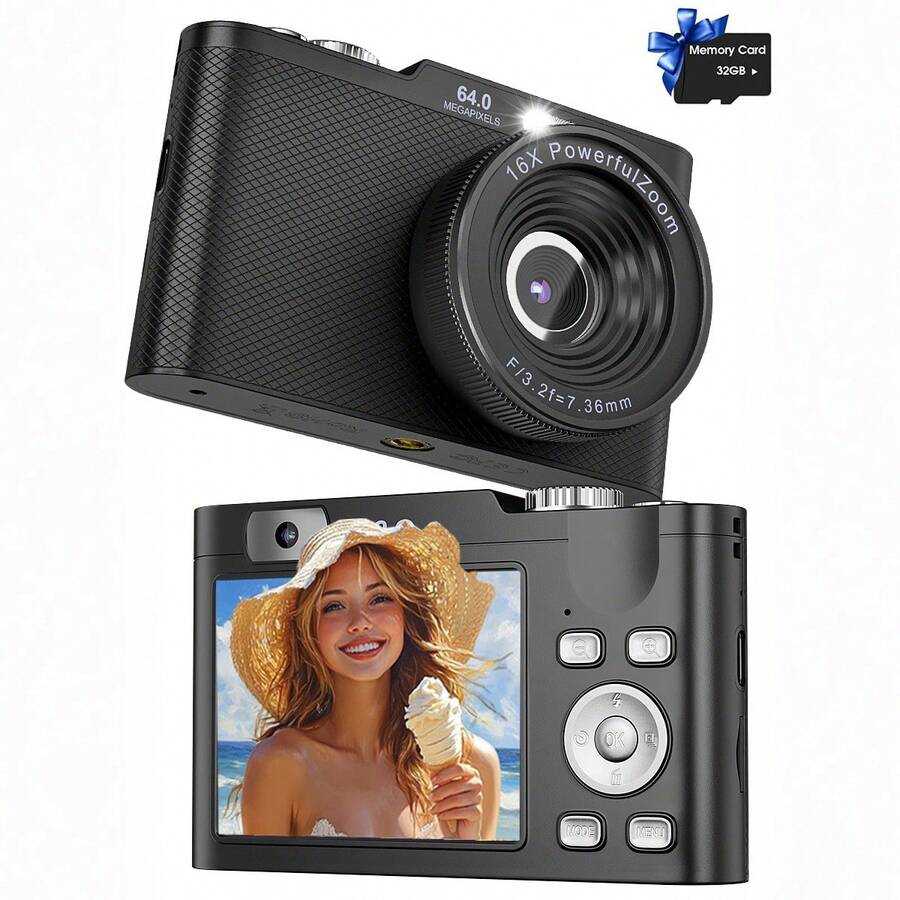 Retro Digital Camera 32GB HD 1080P 44MP 2.4'' LCD Display Screen 16X Zoom Anti-Shake, Listen Music/Play Games, With 32GB Card, Rechargeable Mini Camcorder For Beginners, Ideal Gift For Birthday - 黑色 - 查看 1