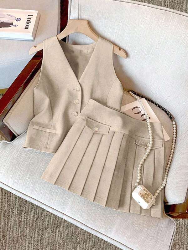 Women's Casual Elegant Suit Vest And Pleated Skirt Set, Spring/Summer
