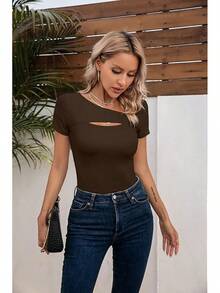 Womens Fashion Fall Cutout Long Sleeve Ribbed Slim Fitted Tops Shirts Tee Tshirts - Short-coffee - View 8