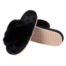 JNHGComwarm Women's Cross Band Fuzzy Slippers Fluffy Open Toe House Slippers Cozy Plush Bedroom Shoes Indoor Outdoor - 黑色 - 查看 6