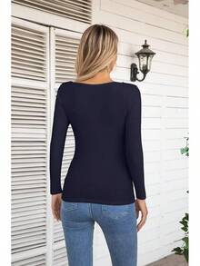 Womens Fashion Fall Cutout Long Sleeve Ribbed Slim Fitted Tops Shirts Tee Tshirts - Long-navy - View 4
