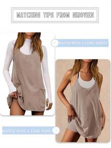 Womens Sleeveless Athletic Hot Shot Mini Dress With Built-In Shorts Sundress - Khaki - View 4