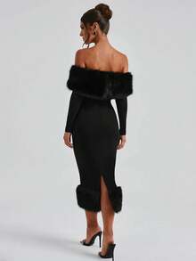 优雅蓬松露肩收腰连衣裙，适合婚礼、鸡尾酒会等场合，春季黑色 - 黑色 - 查看 9