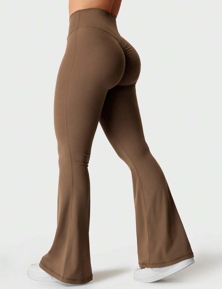 VOYJOY Women Flare Leggings No Front Seam Flare Yoga Pants With Tummy Control Crossover High Waist And Wide Leg Butt Lift Line Kalie Flare Scrunch Leggings For Women V Cross Waist Bell Bottom Yoga Pants Tummy Control Bootcut Workout Leggings Y2k Summer Clothes For Women - màu nâu - Xem 1