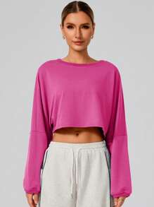 女士长袖时尚短款柔软运动衫露肩针织圆领运动衫舒适瑜伽运动超宽松户外运动健身服秋冬