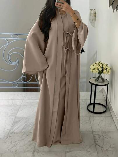2pcs Set Elegant Abayas, Long Cardigan Jacket & Dress, Graceful Outfit