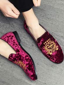 男士红色乐福鞋刺绣复古牛津一脚蹬平底正装鞋、驾车鞋、婚鞋 - 紅色 - 查看 5