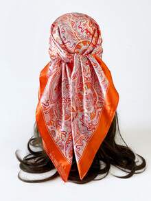 1pc 90CM Paisley Printed Ladies Bandana Simulated Silk Headband Women Bandana Top,Large Size Square Scarf,Hair Band,Head Band Ideal For Dressing Up Your Look - Black - View 9