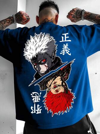 Herr minimalistisk rundhalsad t-shirt med animetryck och kortärmad design, sommar, marinblå