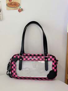 Summer New Anime Style Cute Plaid Transparent Window Baguette Bag, Student/Commute One Shoulder Messenger Bag