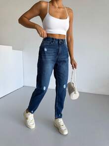 High Waist Knee Laser Ripped Boyfriend Mom Jeans, Solid Color Destroyed Asymmetric/Asymmetrical Pockets - Navy Blue - View 4