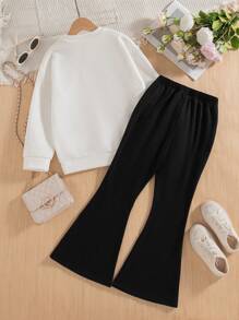 Conjunto de 2 peças de moletom com capuz e calça de lã com decoração casual de laço, gola redonda, ombro caído, manga comprida, para meninas, adequado para outono e inverno