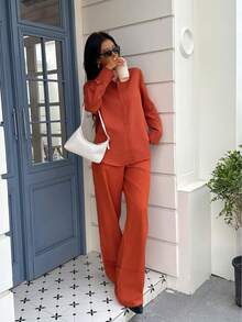 Seelio Spring/Summer New Arrival Lightweight Linen Shirt And Wide Leg Pants Set For Women - Orange - View 6