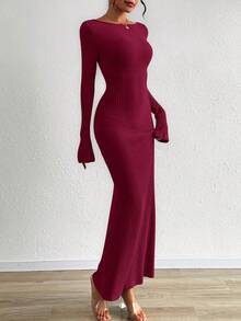 Women's Fall Fashion  Long Sleeve Maxi Dress Ribbed Knit Boat Neck Bodycon Casual Dresses Going Out Outfits - 酒紅色 - 查看 5