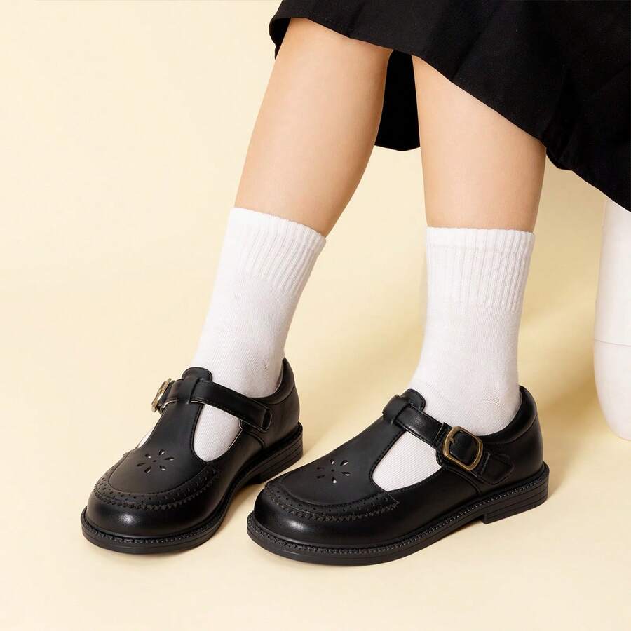 Girls Mary Jane Ballet Flats – School Uniform Dress Shoes For Toddler & Little Girls(Back To School Shoes) - 黑與白 - 查看 1