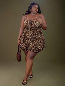 CurvyTilda 夏季大码女式豹纹前系带休闲吊带中长连衣裙 - 彩色 - 查看 4