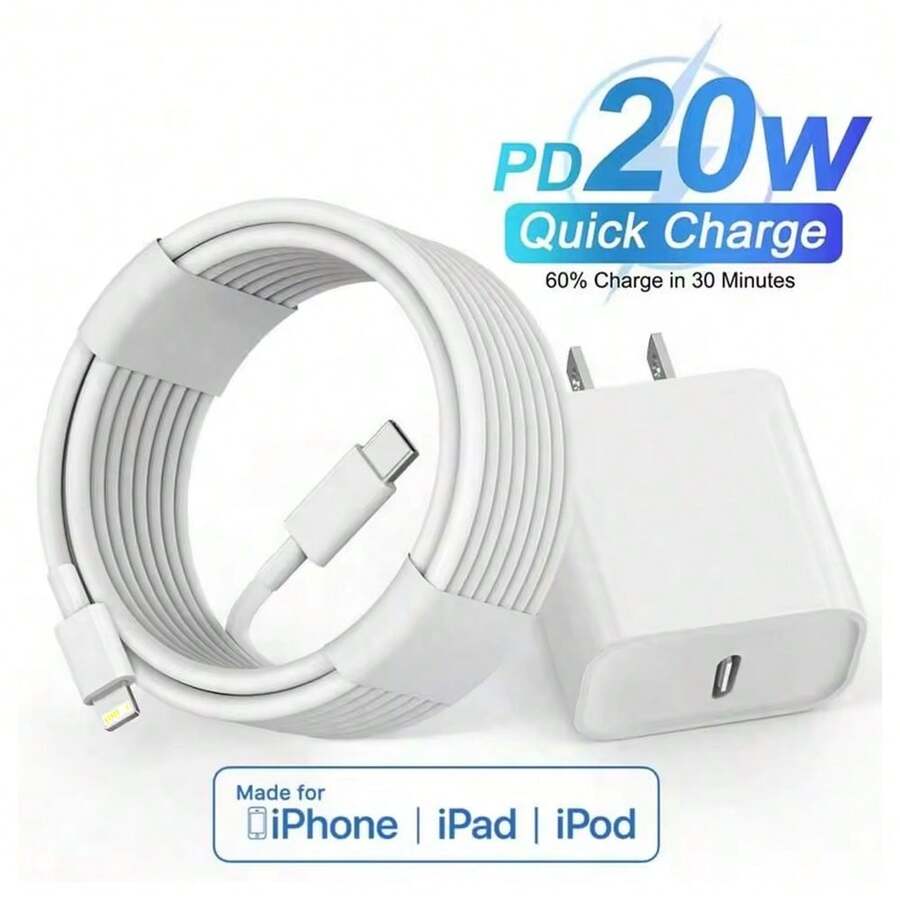 20W PD 快充牆接頭 + 3.3英尺/100公分高效數據傳輸快充線,相容於 14 Pro Max/14 Pro/14 Plus/14/13/12/11/XS/XR/8/7/6 系列 - 查看 1
