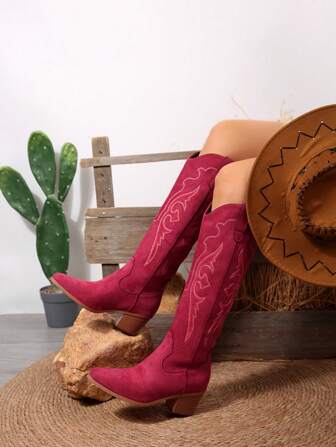 FVPFVP 女式复古刺绣西部牛仔靴，2025年新款夏季骑士靴，棕色粗跟修身长靴时尚