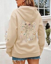 Women's Floral Printed Hoodies Vintage Aesthetic Flower Graphic Sweatshirt Cute Boho Fleece Thermal Hoodie Pullover - Màu be - Xem 3