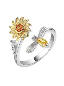 1 pezzo Elegante Anello rotante a fiore di girasole in zirconia cubica, anello girevole antistress per ragazze, regolabile, adatto per adolescenti, uso quotidiano e festival