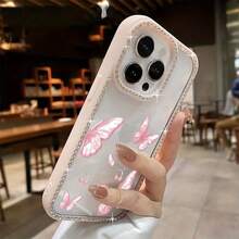 Funda para teléfono con mariposas rosas, delicadas cerezas flotando suavemente y brillo, de doble cara. Funda brillante 11/12/13/14/15/16 con pegatinas de joyas |/ Regalos de cumpleaños - Rosa - Ver 2